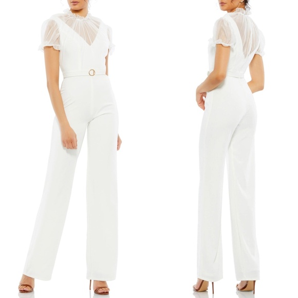 NWT IEENA For MAC DUGGAL White BELTED High Neck ILLUSION Puff Sleeve JUMPSUIT 2